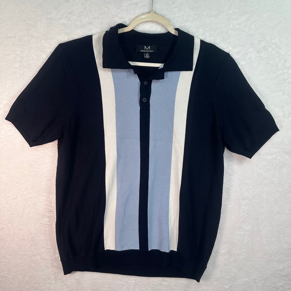 Magaschoni Polo Shirt Mens Large Black Colorblock Knit Short Sleeve Button Neck